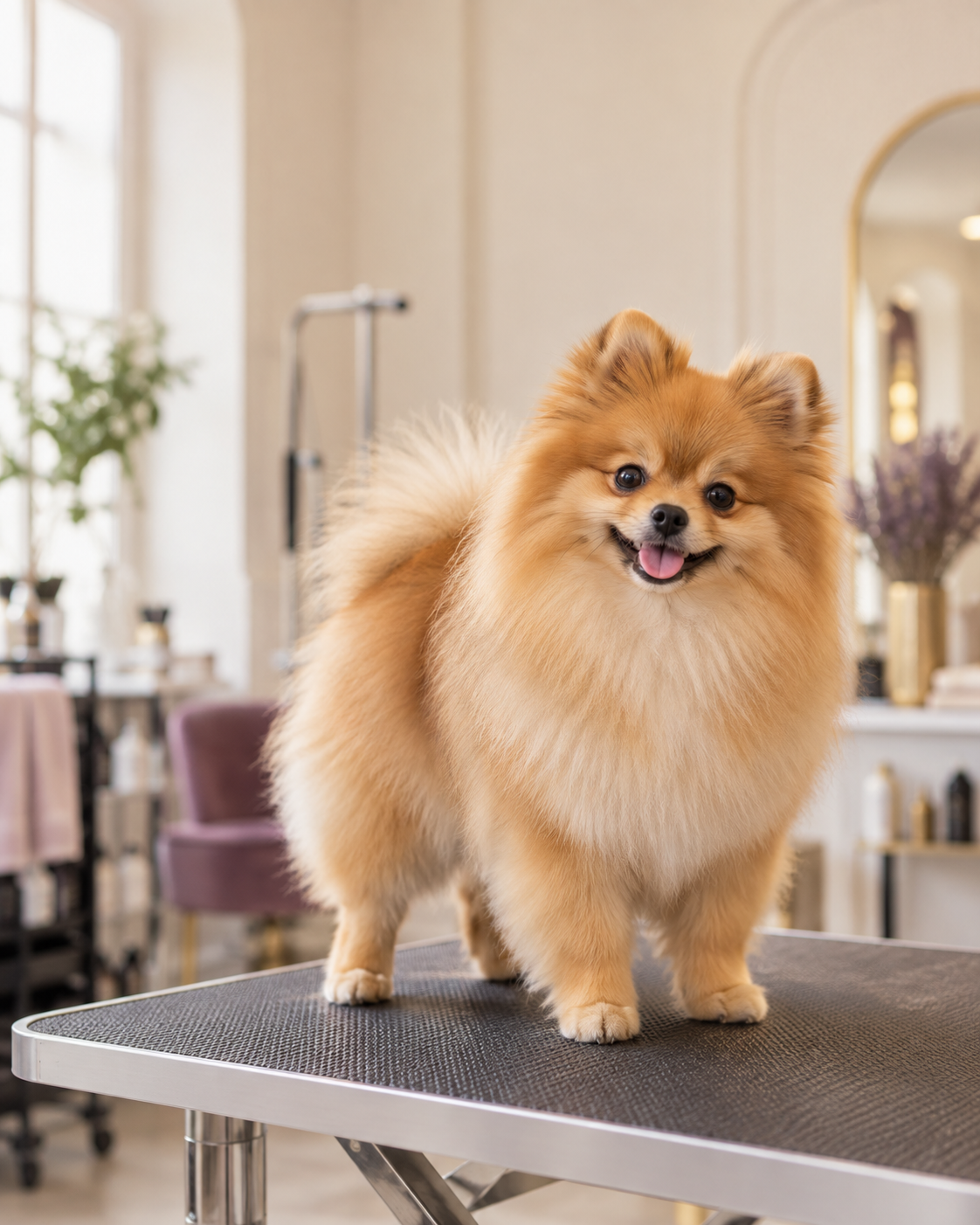 Cățel Pomeranian îngrijit, într-un salon luminos de cosmetică pentru animale